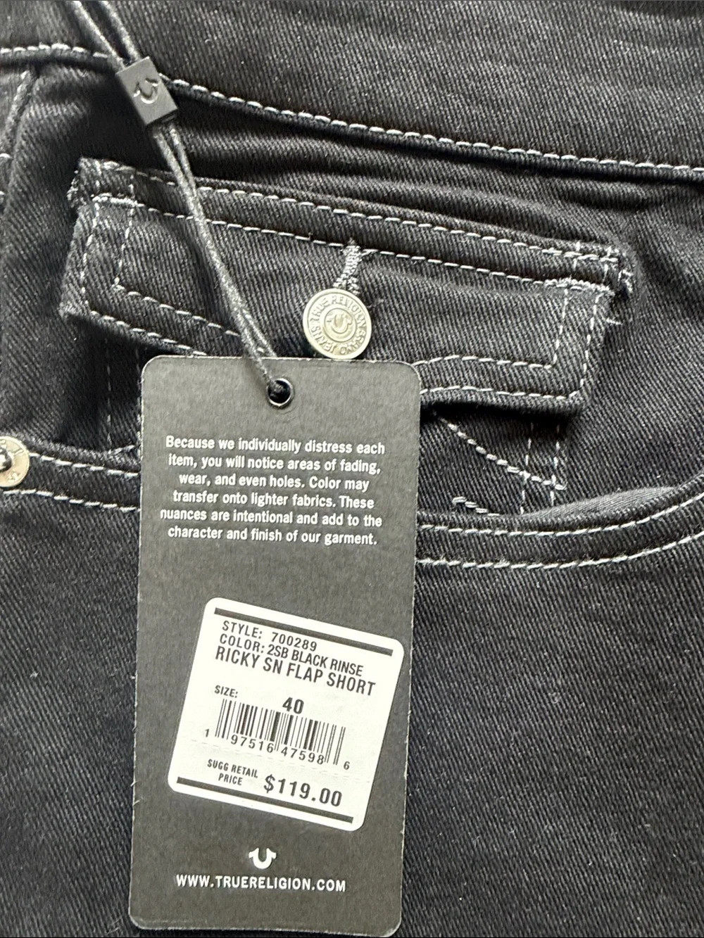 True Religion Men's Ricky Black Denim Jean Flap Pocket Shorts Size 40 NWT